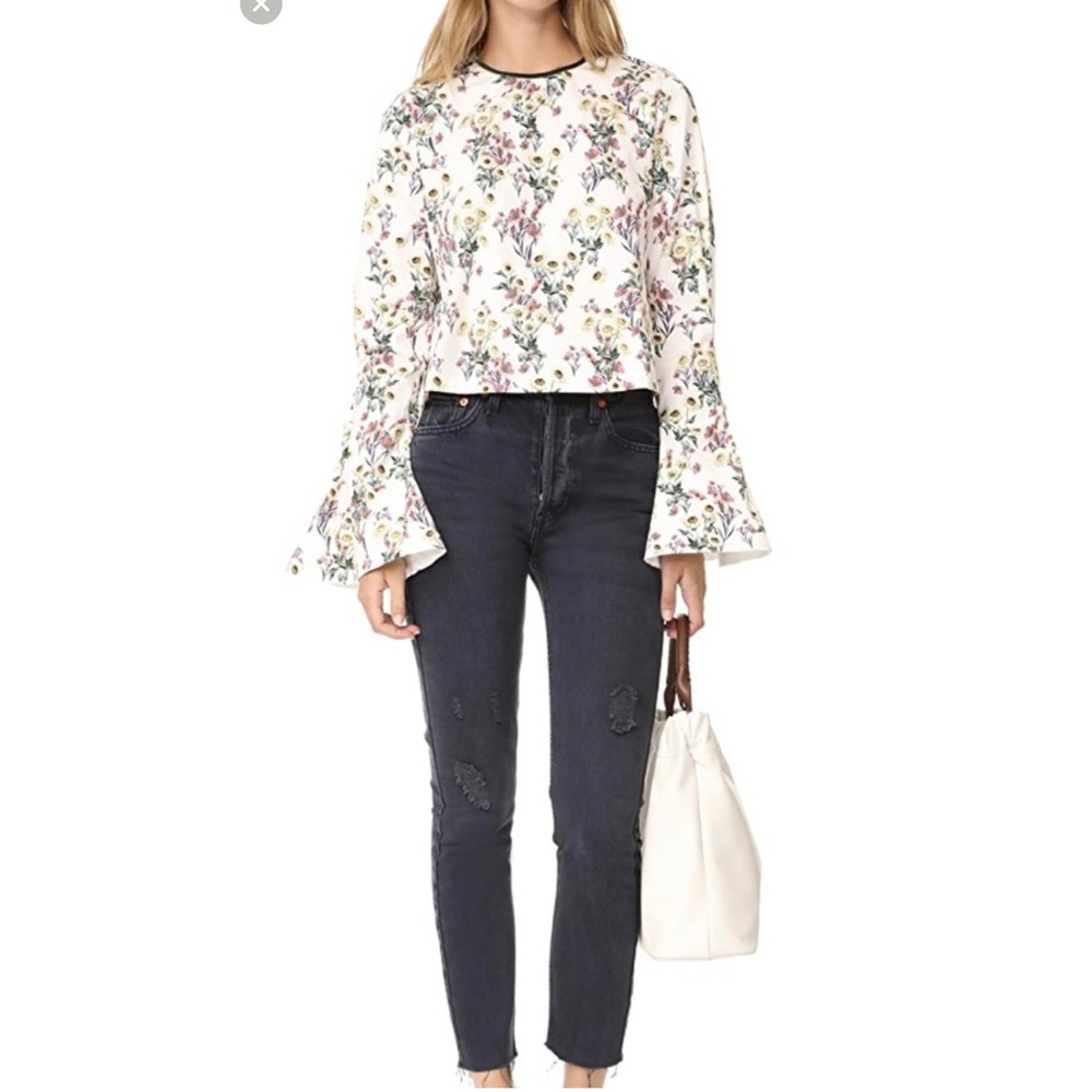 Mother of Pearl Floral Blouse Bell Sleeve Pearl Detail Top UK14 US10‎ NWOT $495